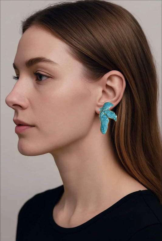 Anti-Tarnish Blue Enamel Floral Statement Earrings
