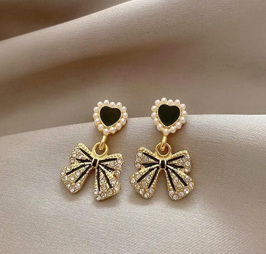 Gold Plated Korean Pearl Heart Bow Drop Earrings