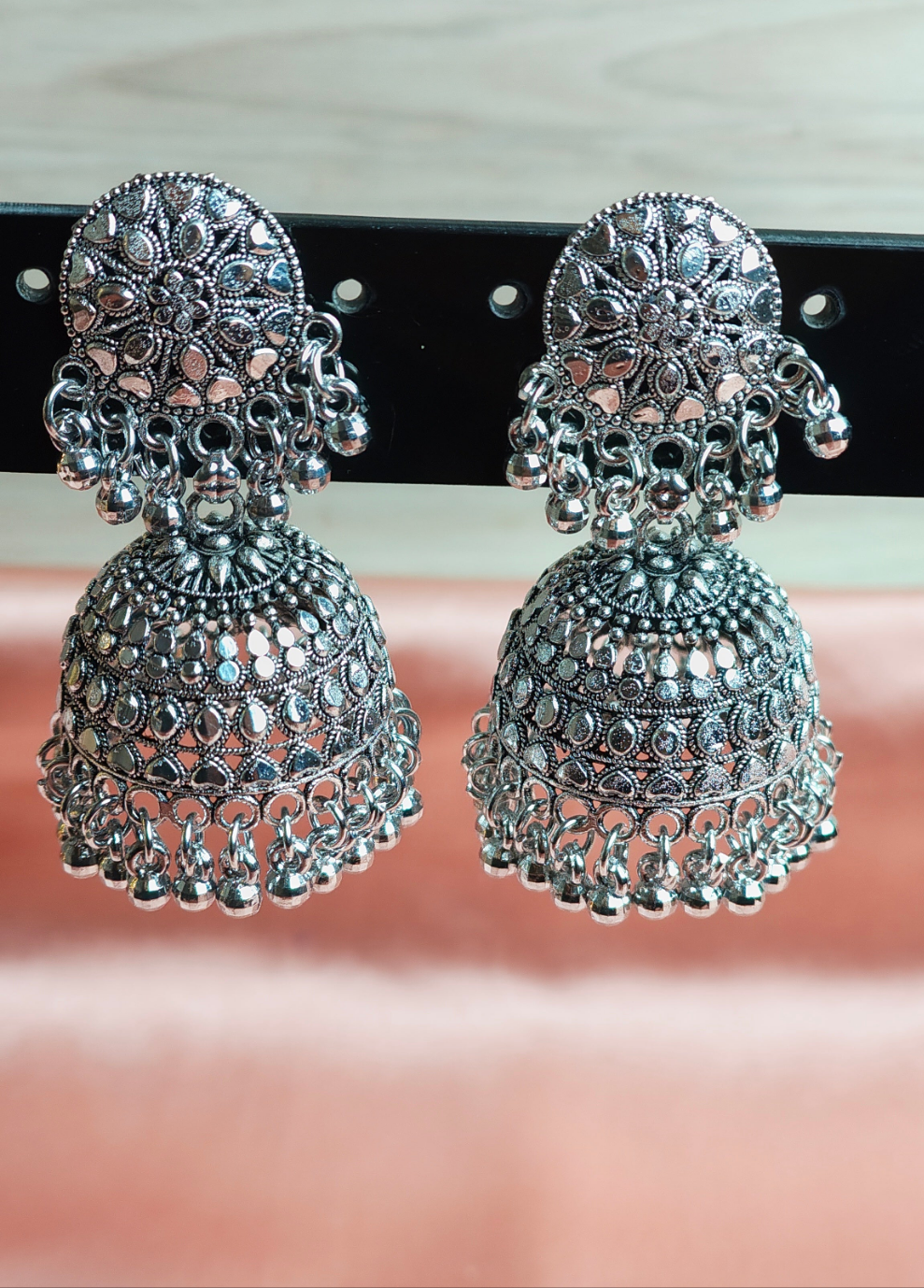 Antique Oxidized Silver Jhumka – Floral Stud with Traditional Dome Design