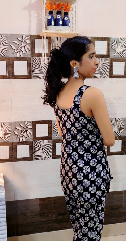 Black Floral Co-Ord Set - Women's Sleeveless Top & Pants
