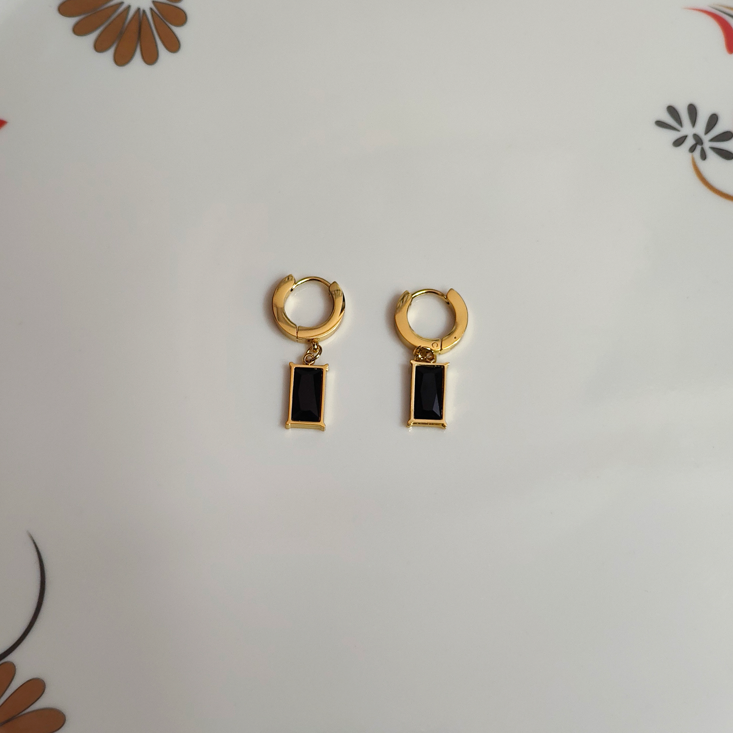 18K Gold-Plated Black Baguette Hoop Earings