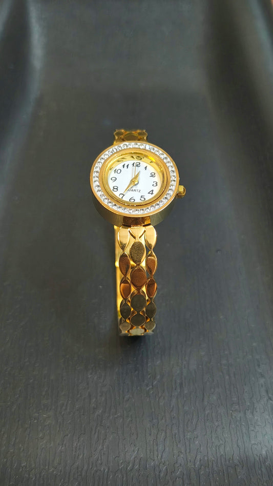 18K Gold-Plated Crystal Halo Bangle Watch