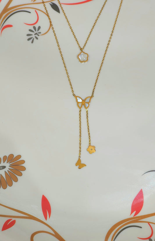 Anti-Tarnish Butterfly and Clover Layered Necklace