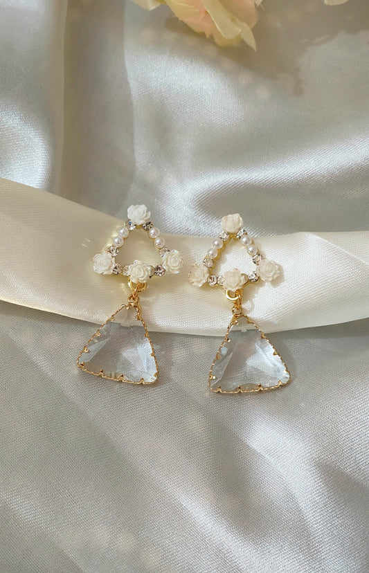 Anti-Tarnish Pearl Floral Triangle Drop Earrings