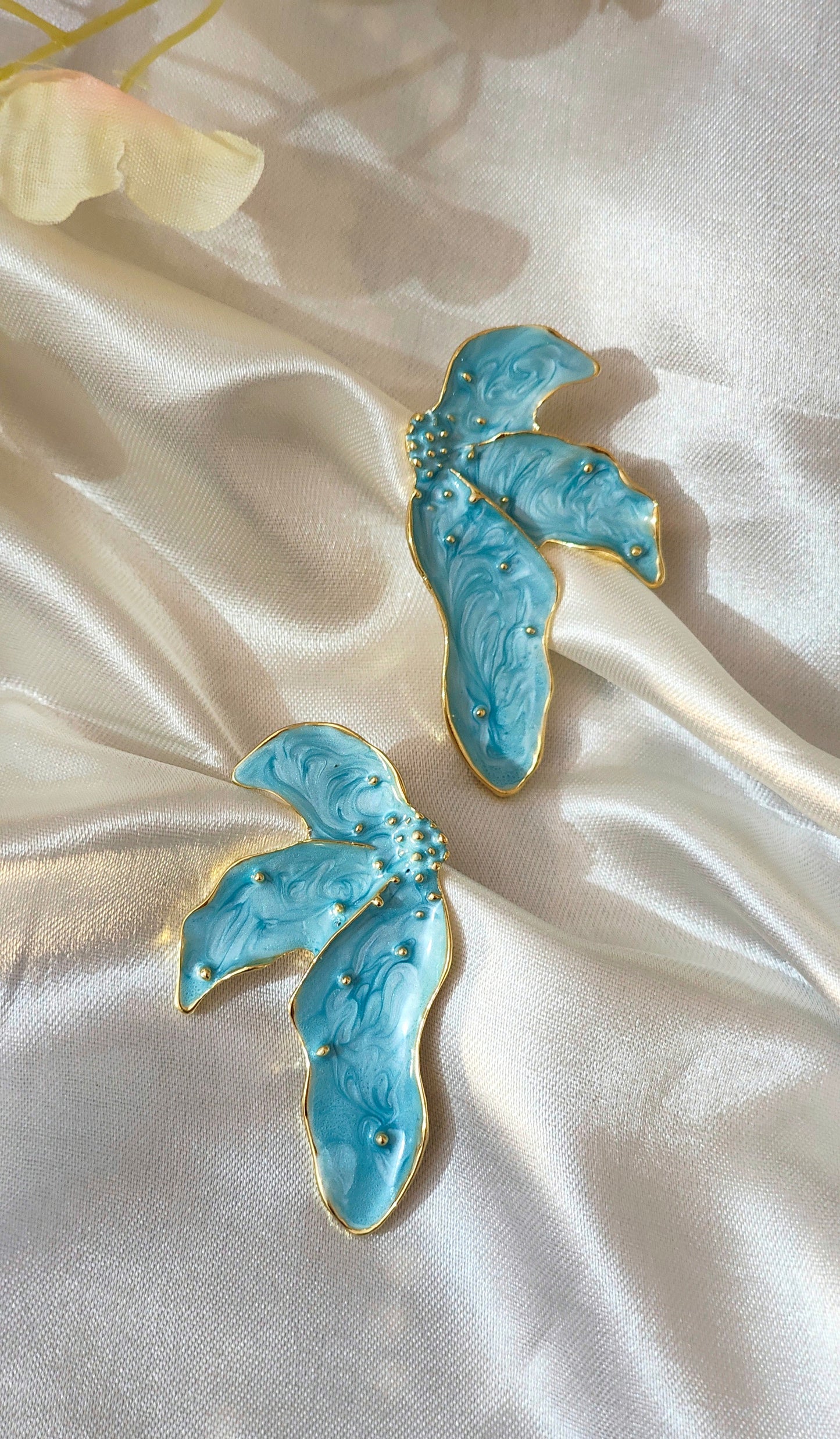 Anti-Tarnish Blue Enamel Floral Statement Earrings