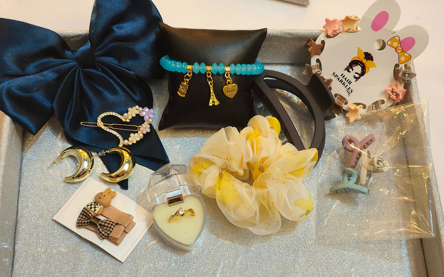 Turquoise Charm Bracelet, Gold Hoops Earings & Hair Accessories Combo Set (10 items)