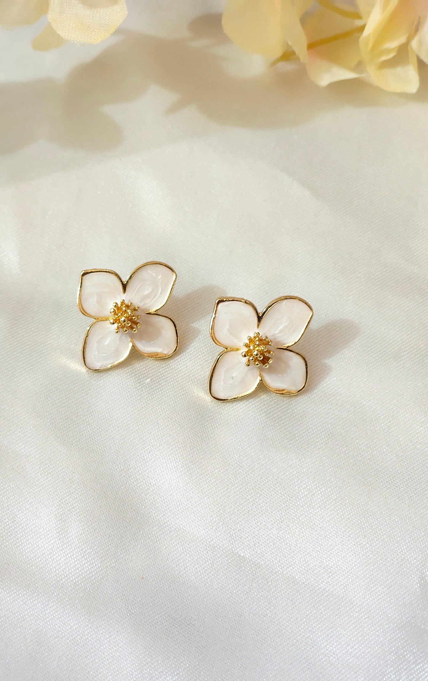 Korean White Floral Enamel Statement Studs