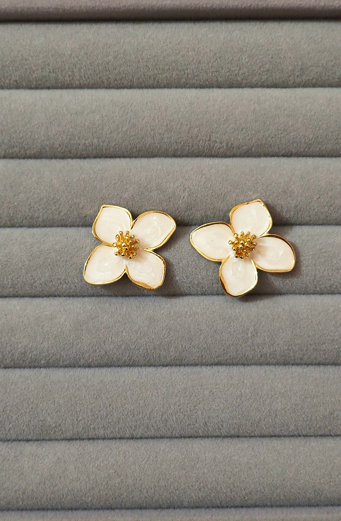 Korean White Floral Enamel Statement Studs