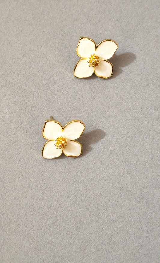 Korean White Floral Enamel Statement Studs