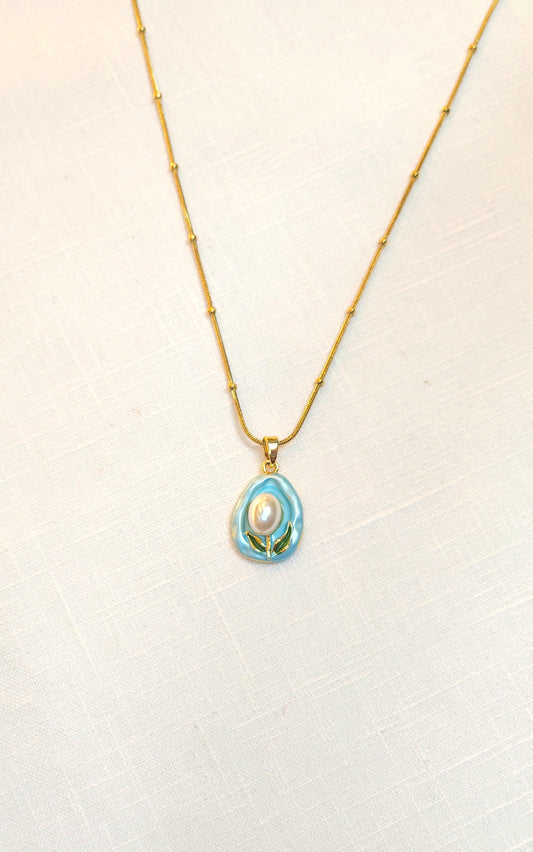 Anti-Tarnish Gold Plated Blue Enamel Pearl Pendant Necklace