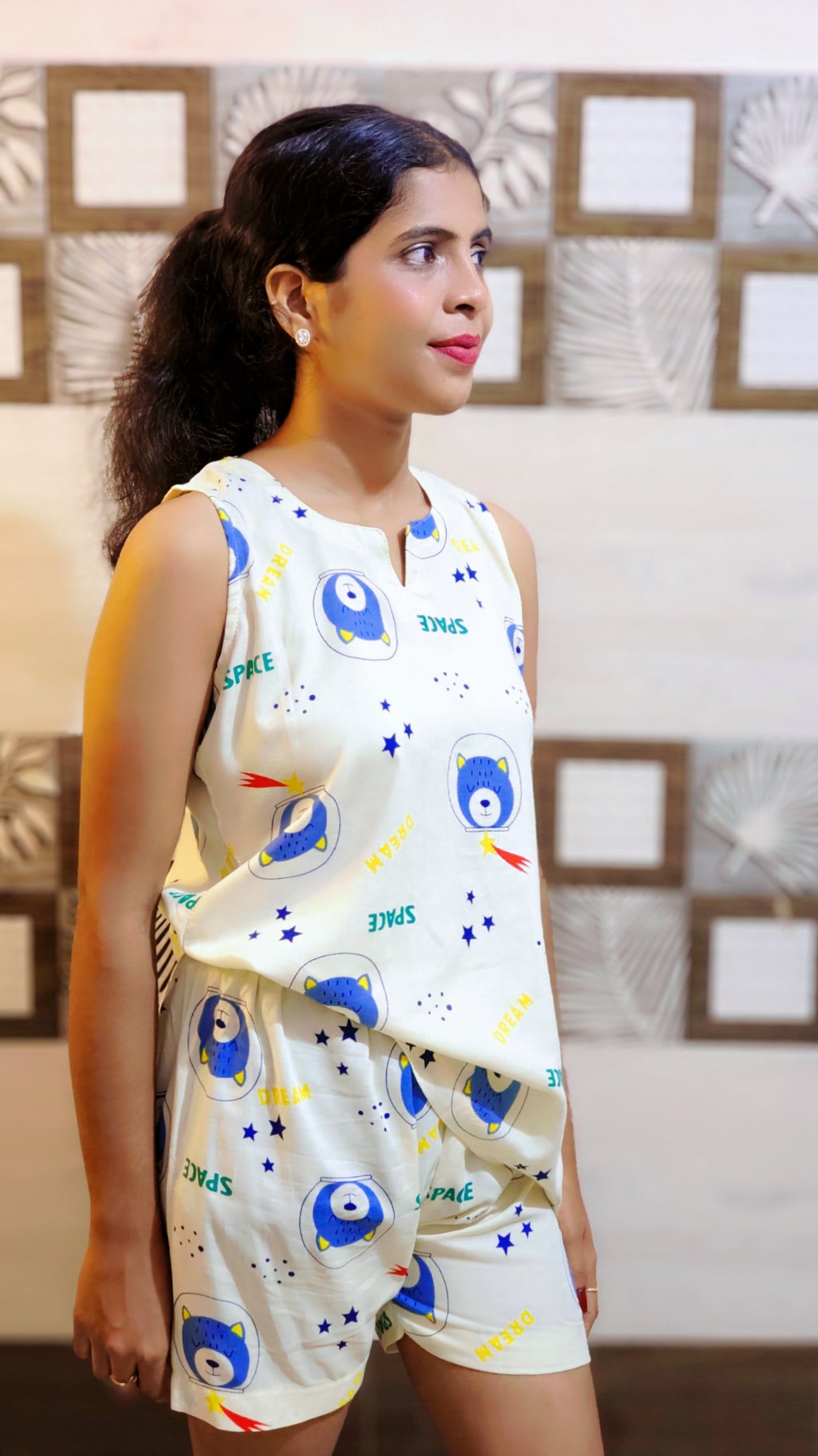 Cute Space Bear Print Cotton Pajama Set for Women – Sleeveless Top & Shorts