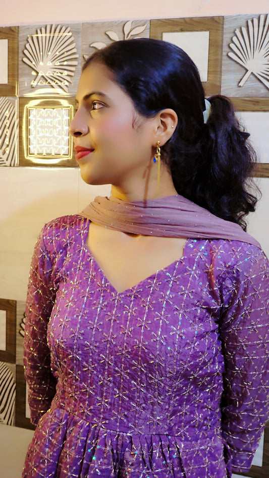 Purple Sequin Embroidered Naira Cut Suit Set