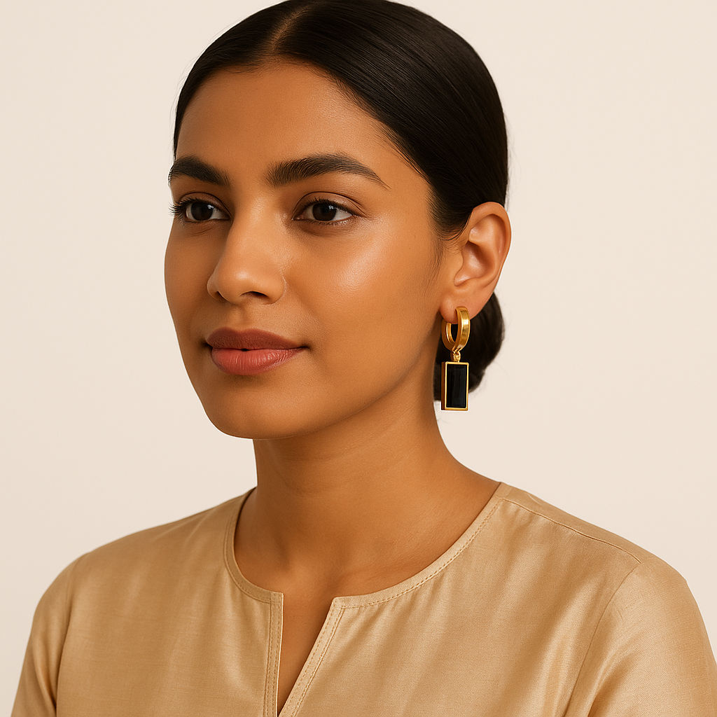 18K Gold-Plated Black Baguette Hoop Earings