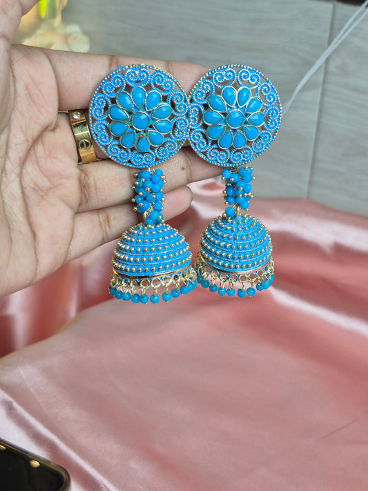 Blue Floral Meenakari Jhumka – Designer Beaded Statement for Ethnic Wear