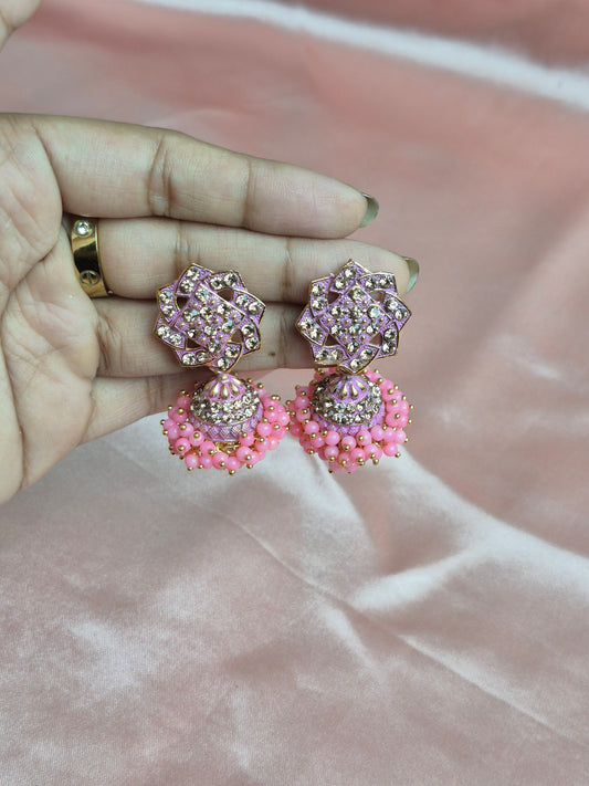 Pink Beaded Floral Jhumka – Modern Geometric Stud with Sparkling Stones