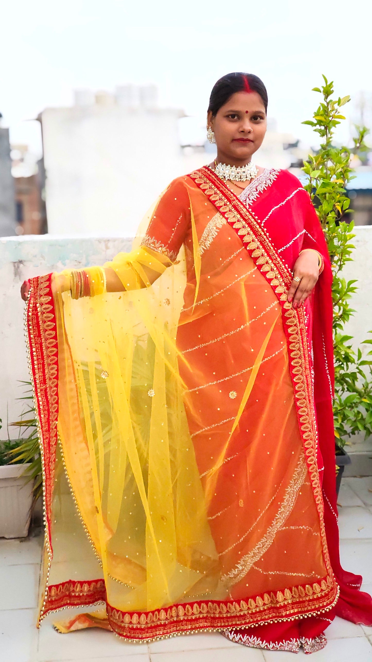 Golden Yellow Net Zari Embroidered Dupatta – Perfect for Bridal & Festive Styling