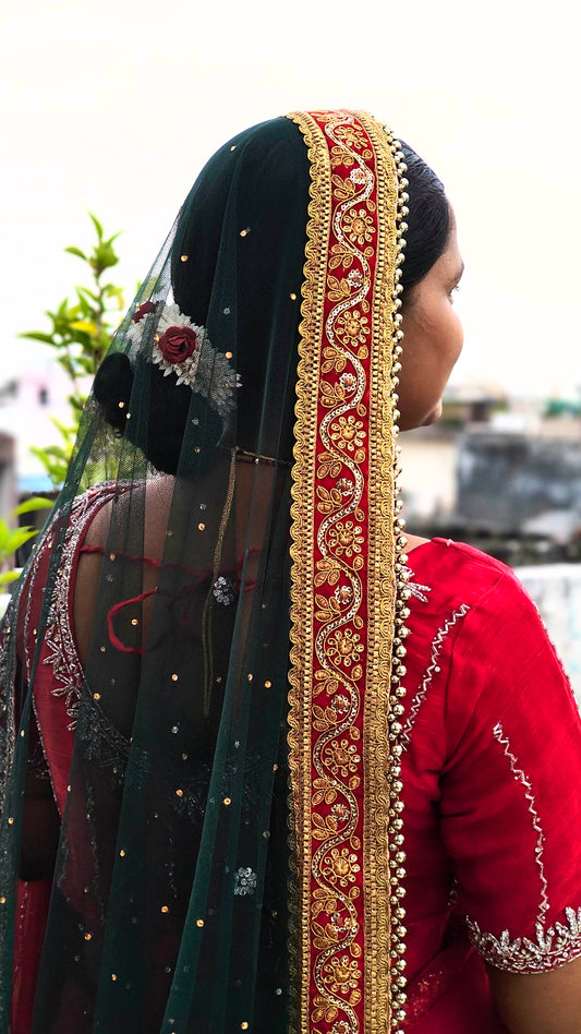 Elegant Net Peacock Green Dupatta with Red Zari Border – Perfect for Festive & Wedding Looks