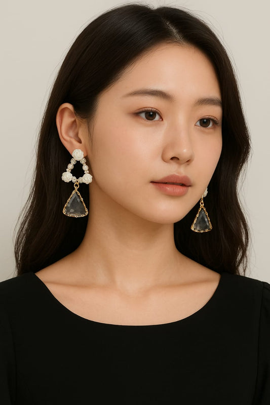 Anti-Tarnish Pearl Floral Triangle Drop Earrings