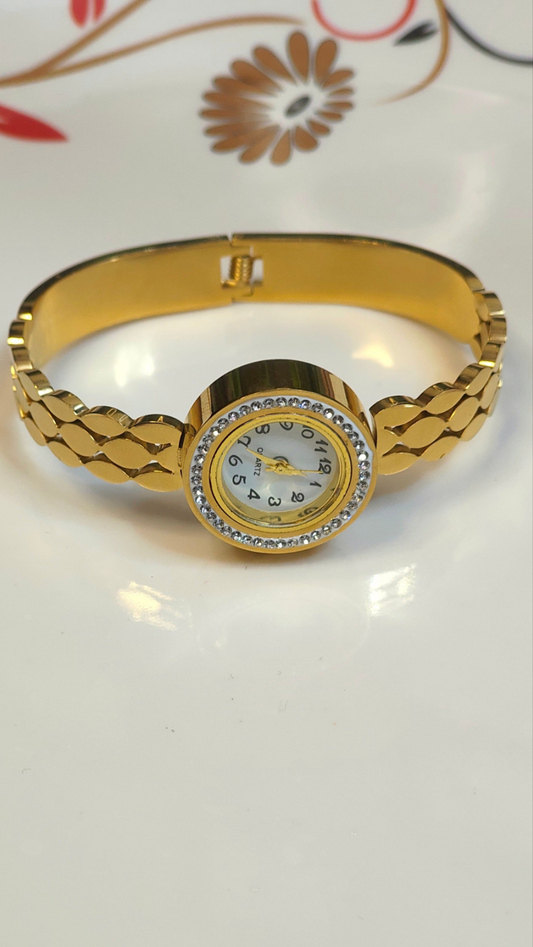 18K Gold-Plated Crystal Halo Bangle Watch