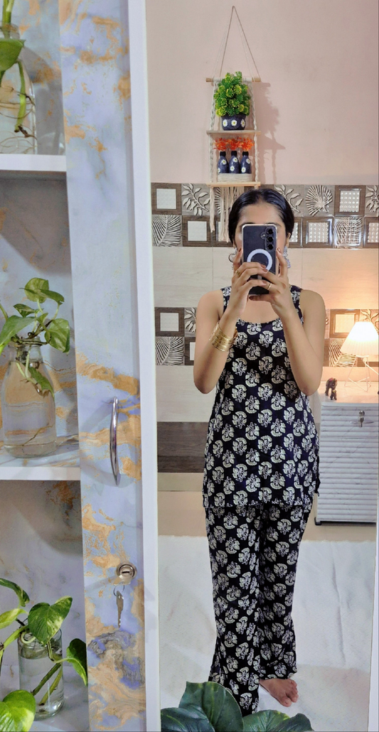 Black Floral Co-Ord Set - Women's Sleeveless Top & Pants