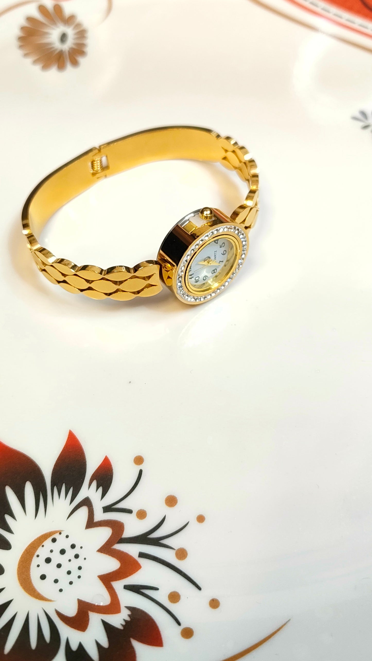 18K Gold-Plated Crystal Halo Bangle Watch