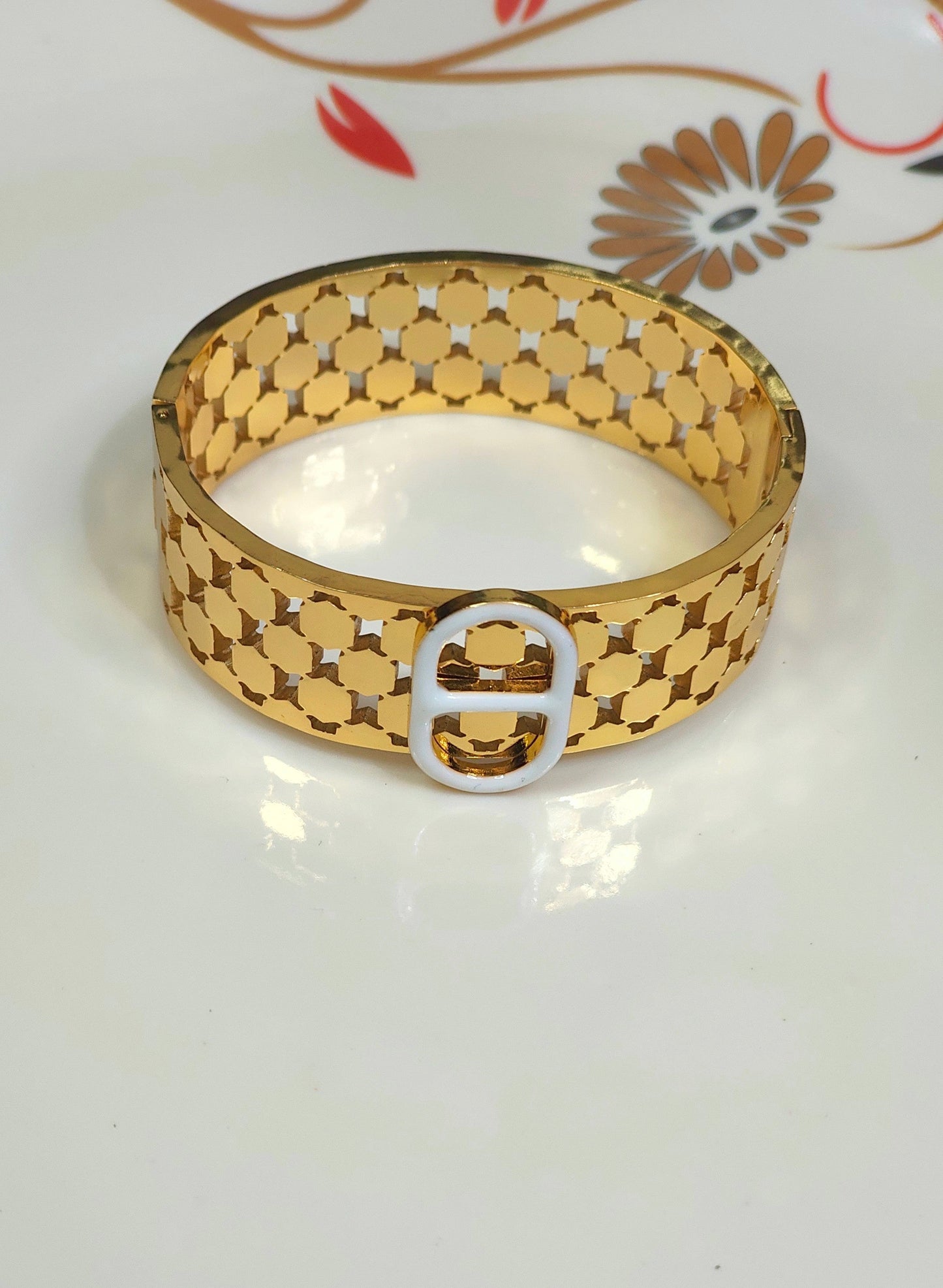 18K Gold-Plated Hexagon Cutout Bangle Bracelet