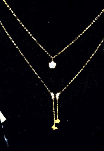 Anti-Tarnish Butterfly and Clover Layered Necklace