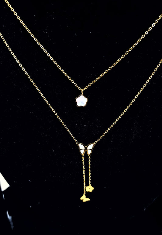 Anti-Tarnish Butterfly and Clover Layered Necklace