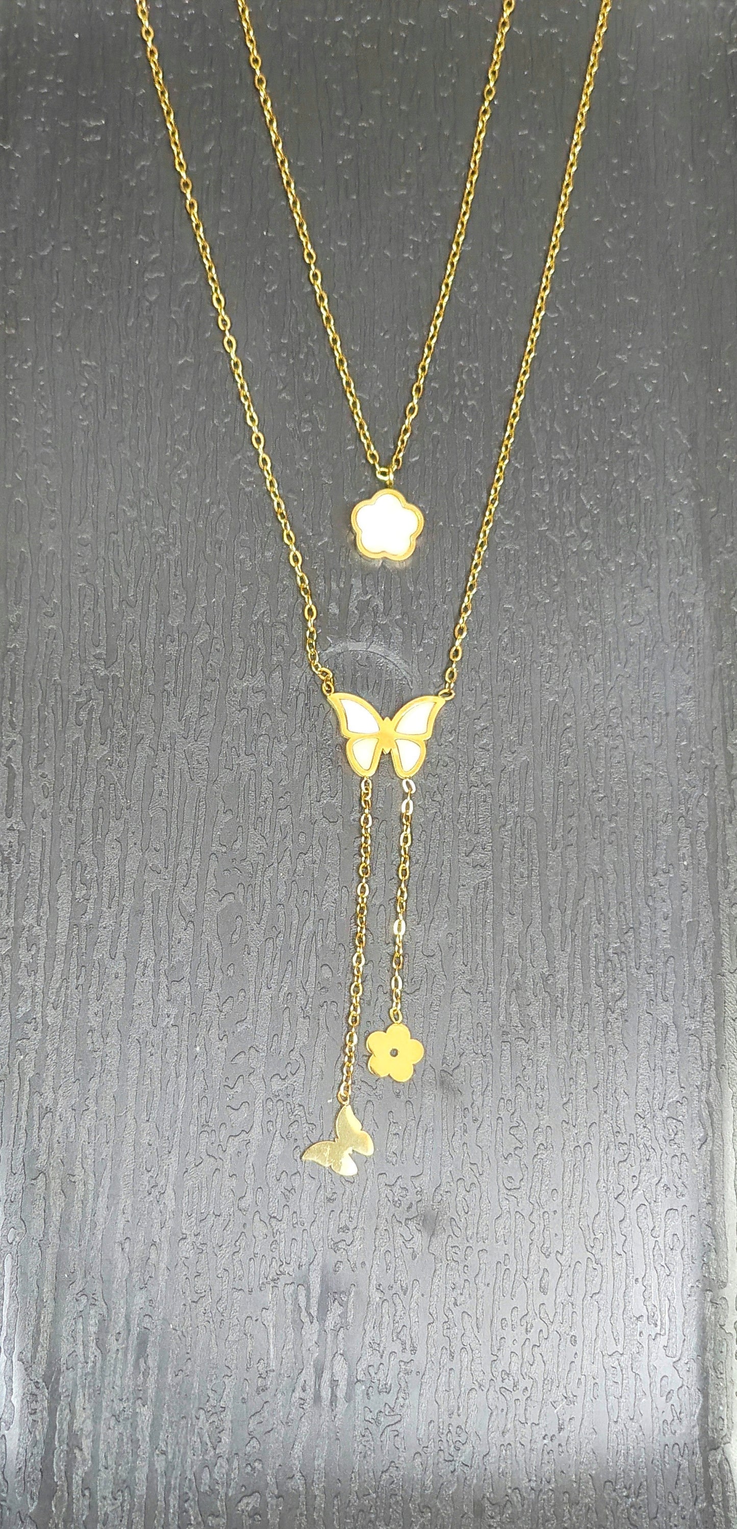 Anti-Tarnish Butterfly and Clover Layered Necklace