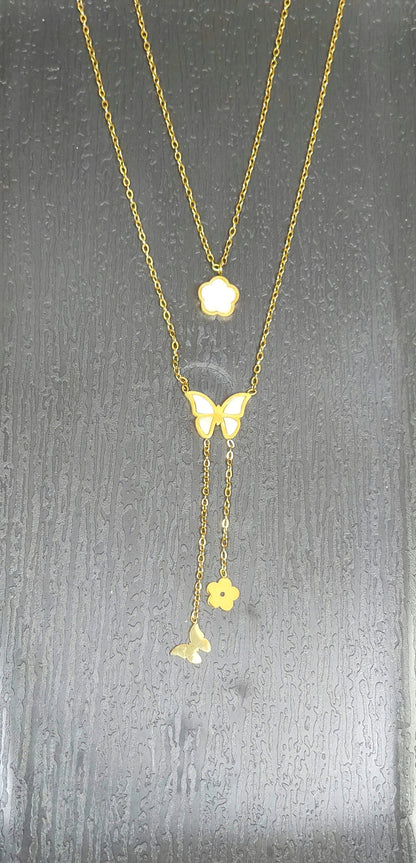 Anti-Tarnish Butterfly and Clover Layered Necklace