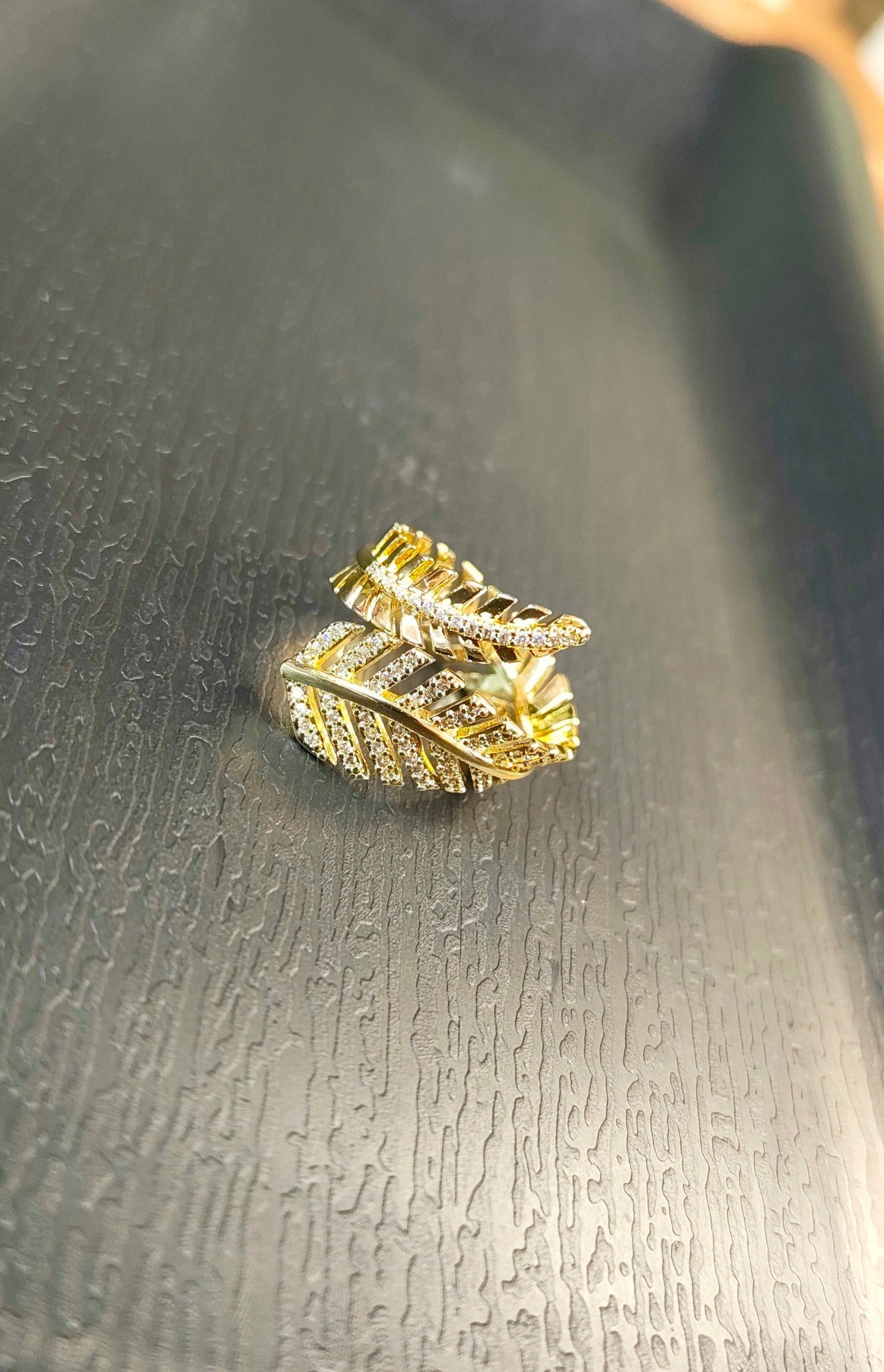 18K Gold-Plated Zircon Leaf Statement Ring