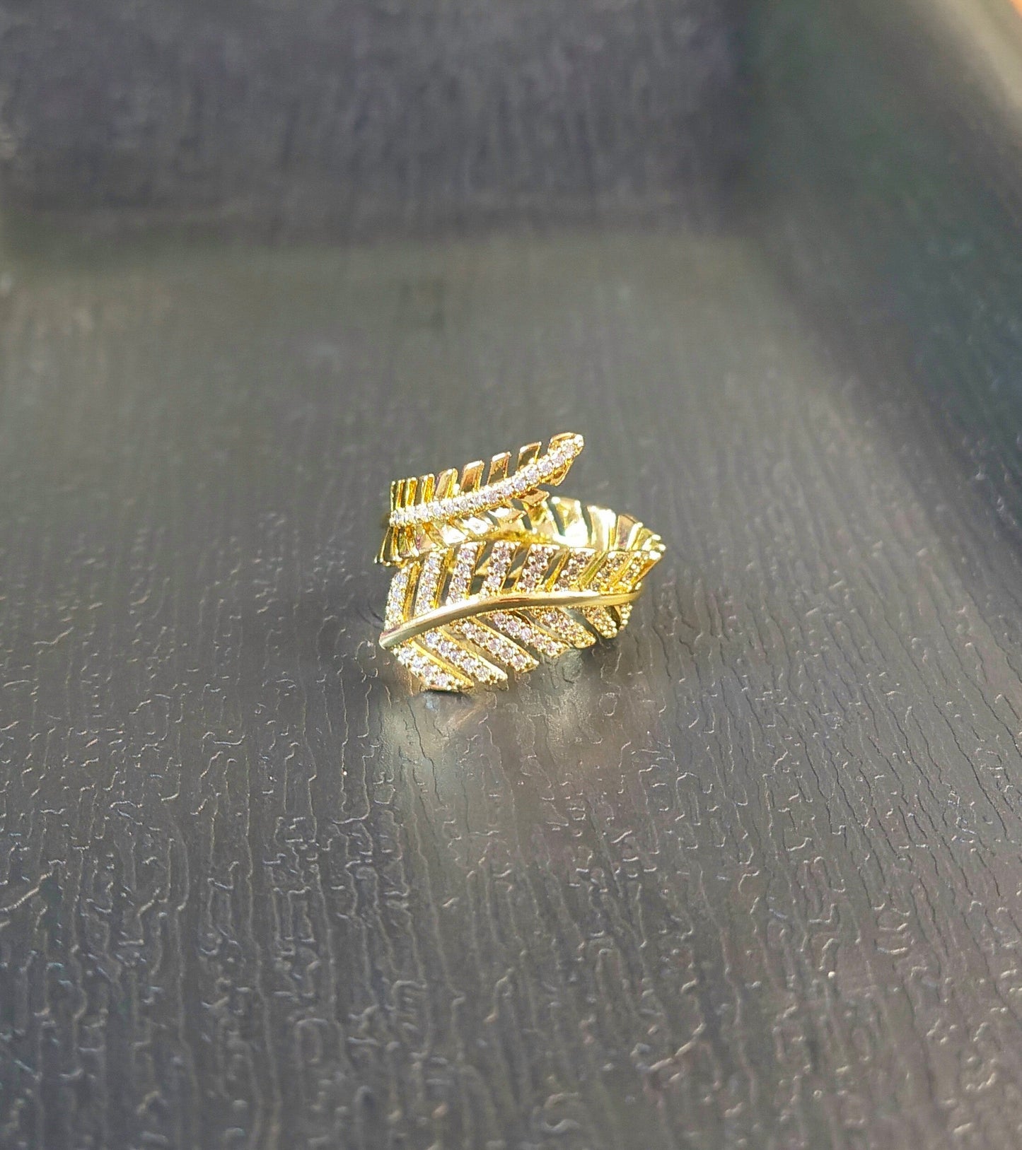 18K Gold-Plated Zircon Leaf Statement Ring