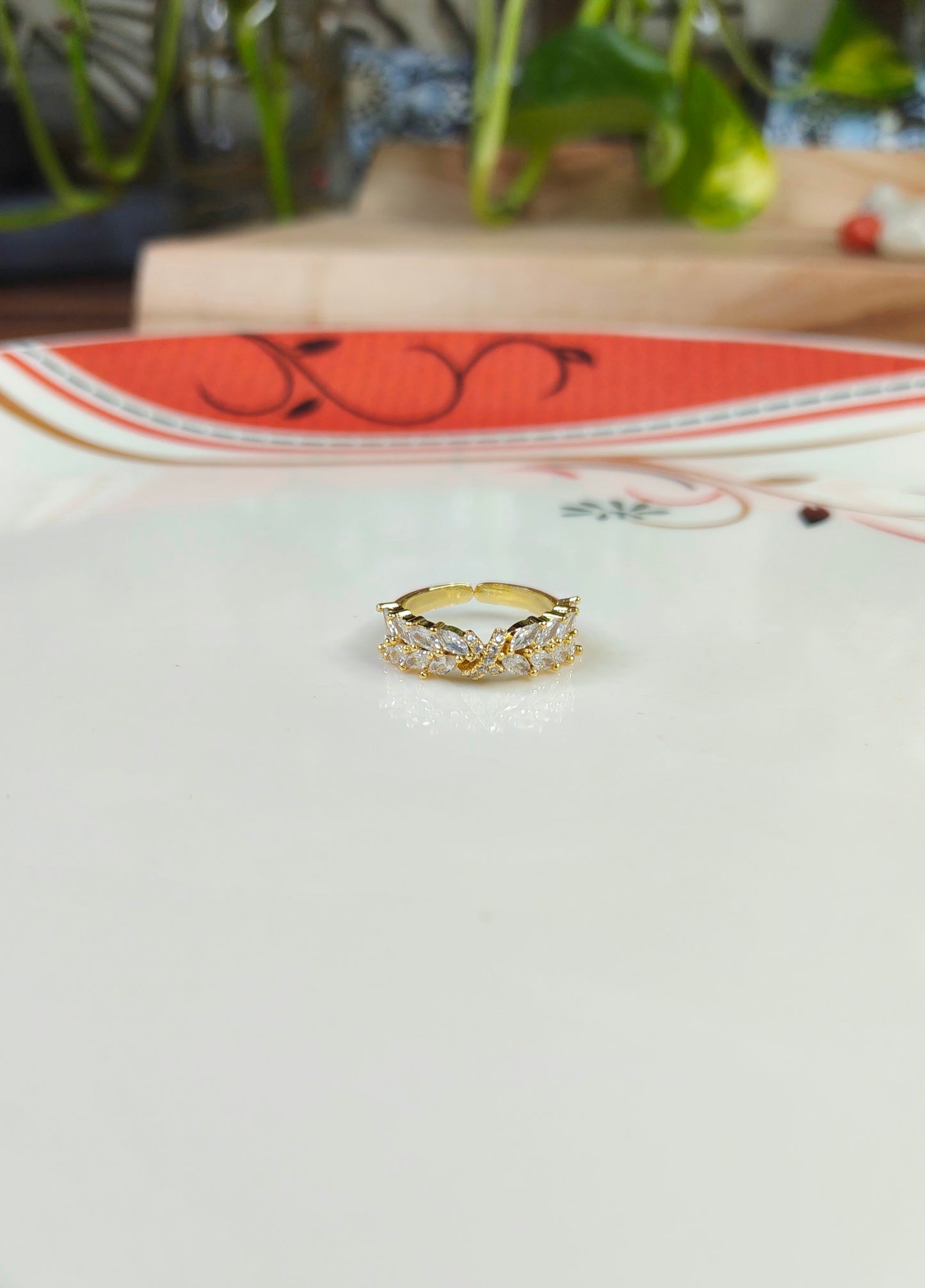 18K Gold-Plated Leaf CZ Adjustable Ring