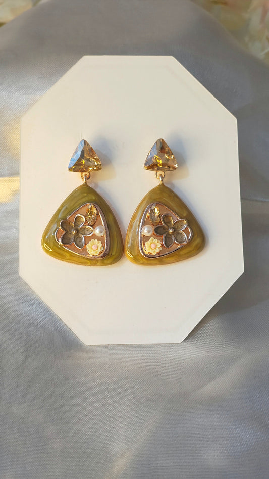 Anti-Tarnish Olive Enamel Floral Drop Earrings