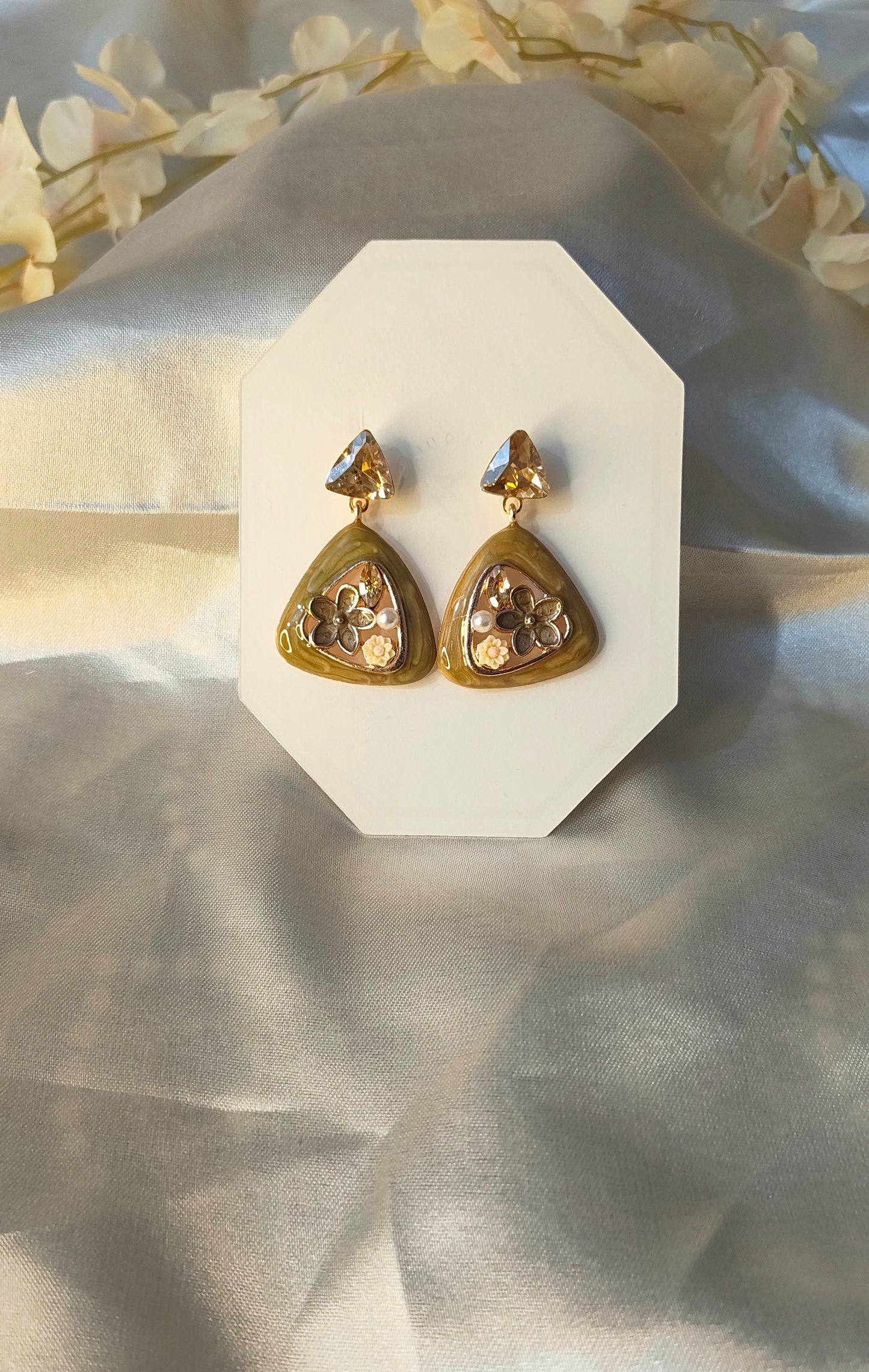 Anti-Tarnish Olive Enamel Floral Drop Earrings