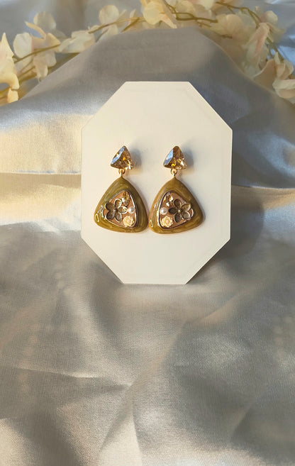 Anti-Tarnish Olive Enamel Floral Drop Earrings