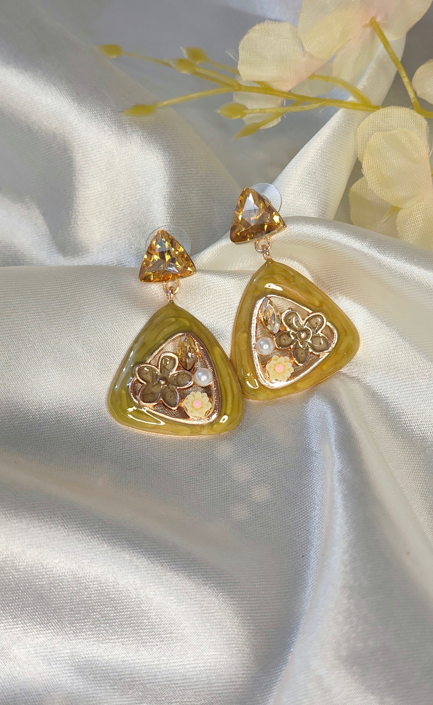 Anti-Tarnish Olive Enamel Floral Drop Earrings