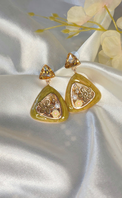 Anti-Tarnish Olive Enamel Floral Drop Earrings