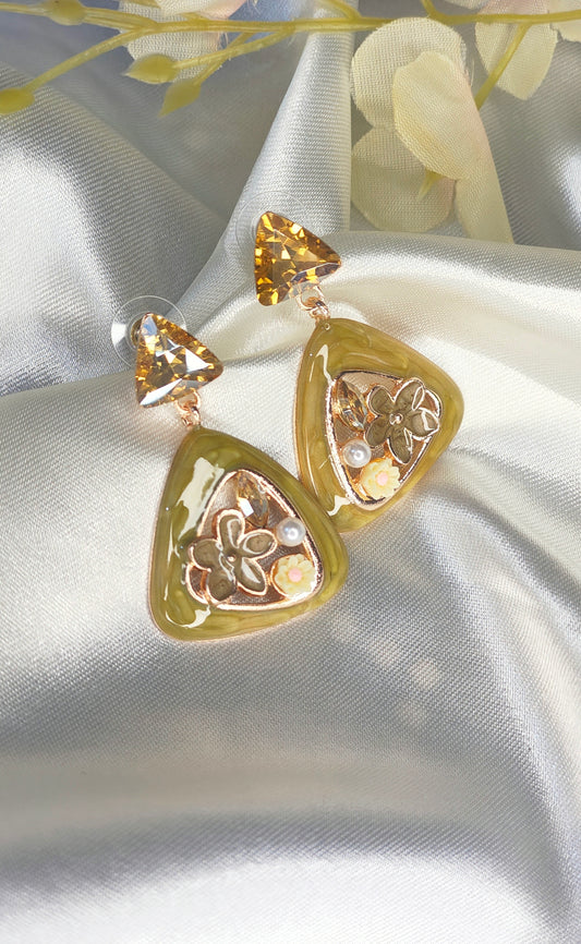 Anti-Tarnish Olive Enamel Floral Drop Earrings