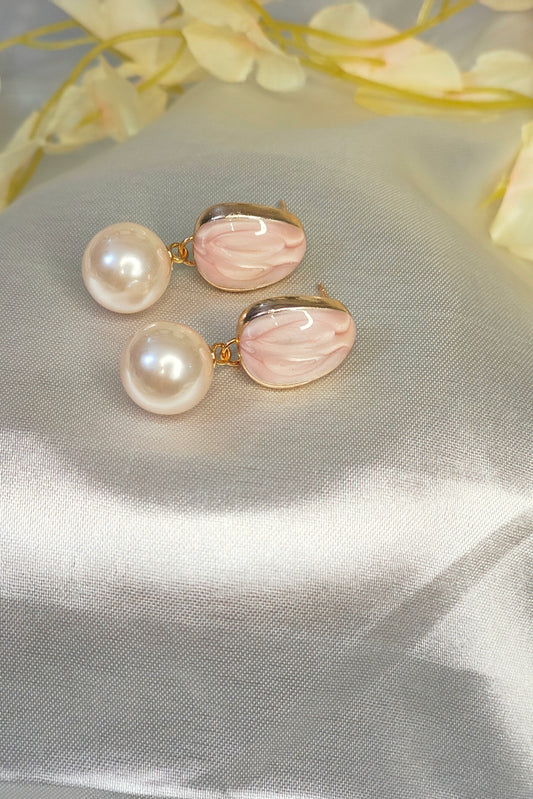Anti-Tarnish Pink Enamel Pearl Drop Earrings