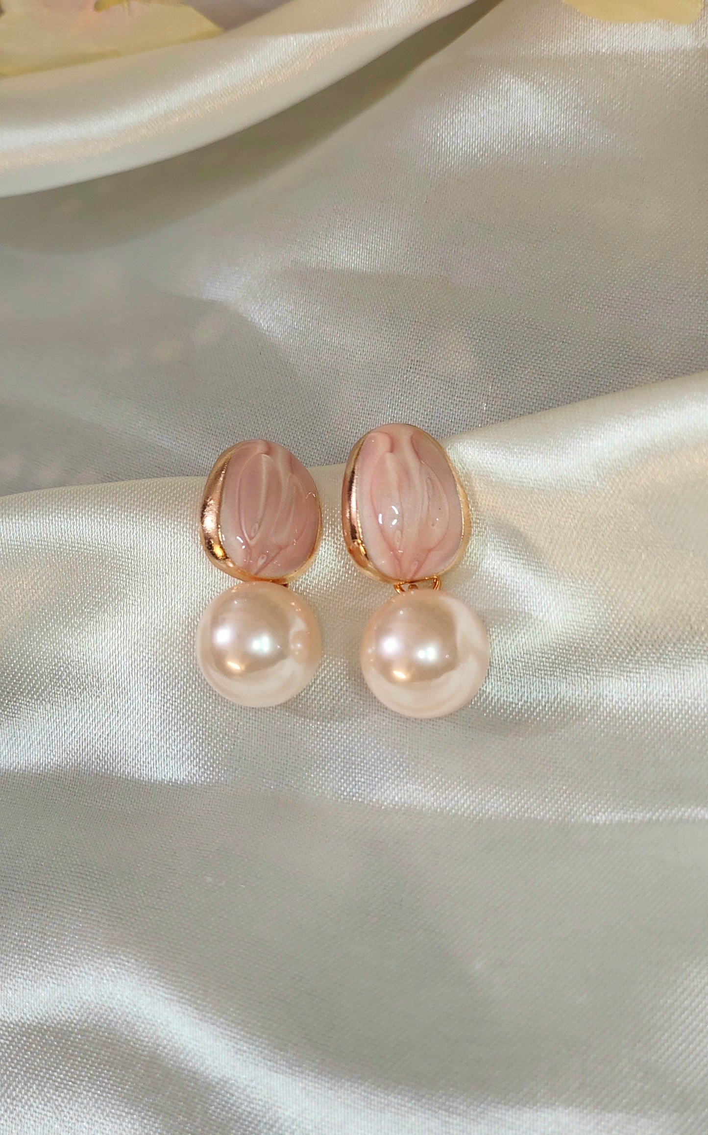 Anti-Tarnish Pink Enamel Pearl Drop Earrings