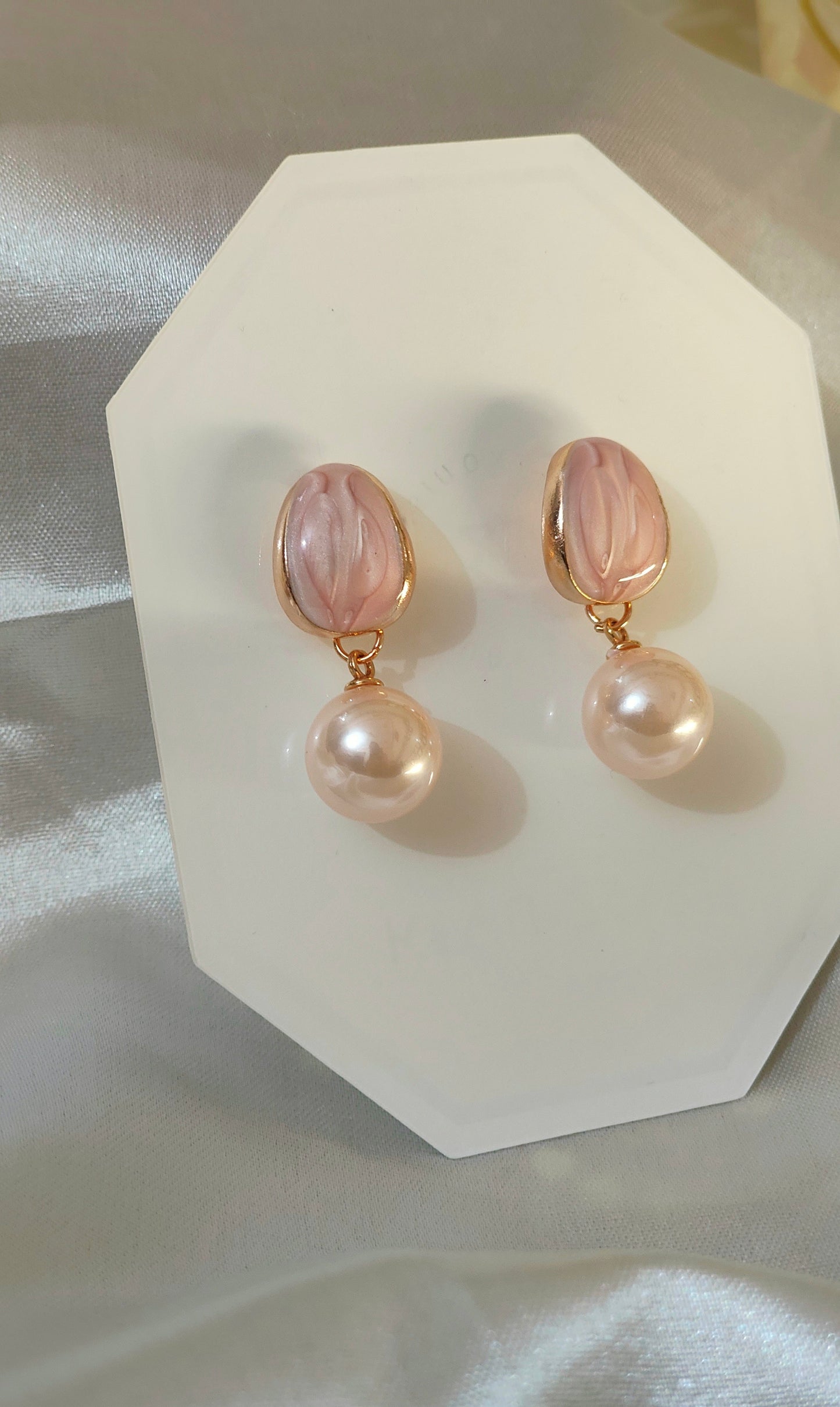 Anti-Tarnish Pink Enamel Pearl Drop Earrings