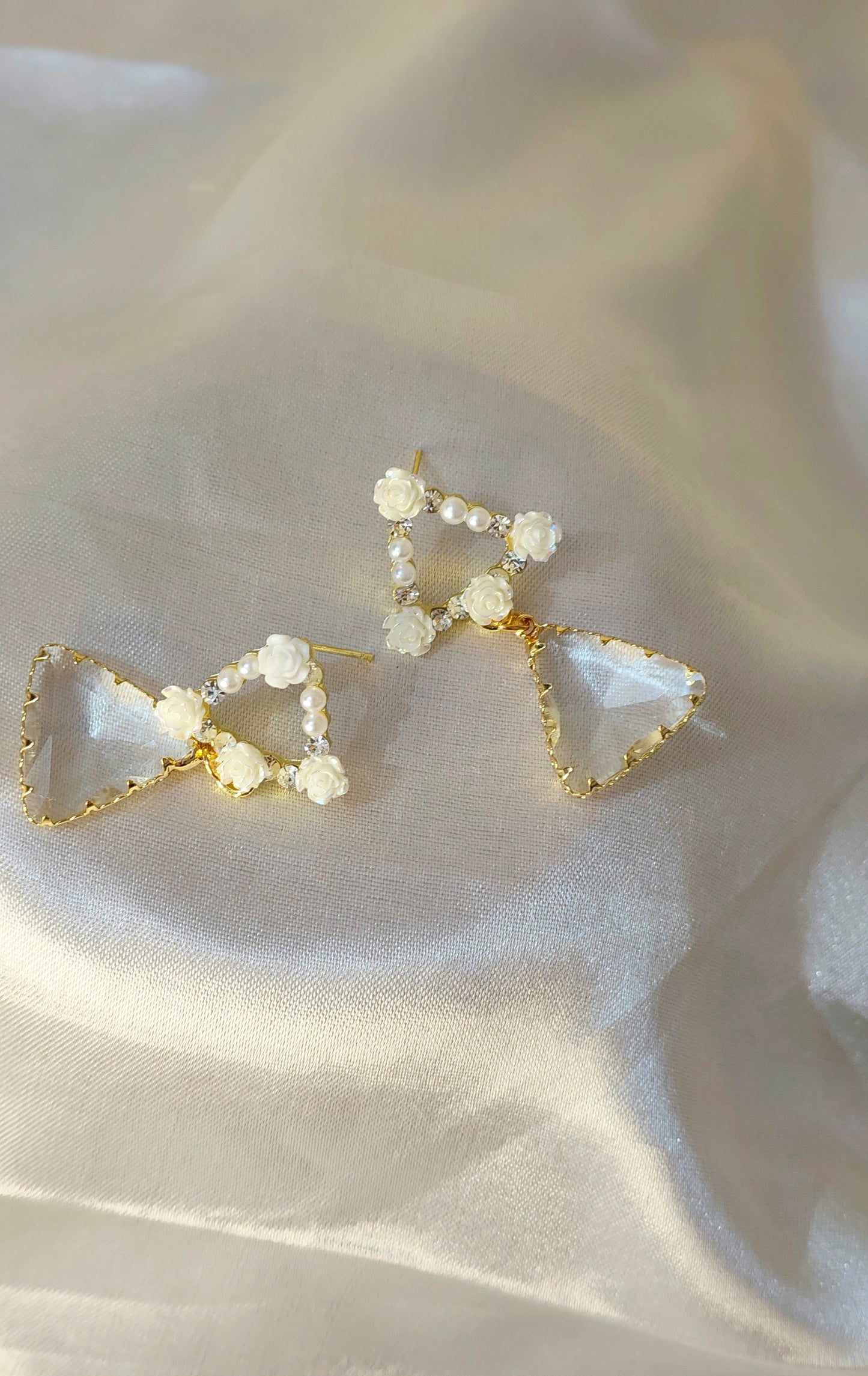 Anti-Tarnish Pearl Floral Triangle Drop Earrings