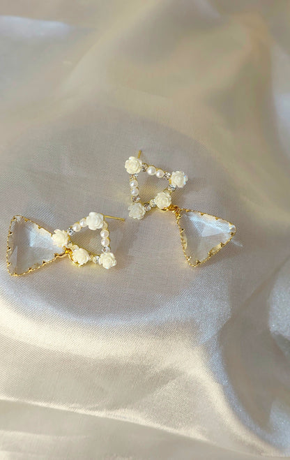 Anti-Tarnish Pearl Floral Triangle Drop Earrings