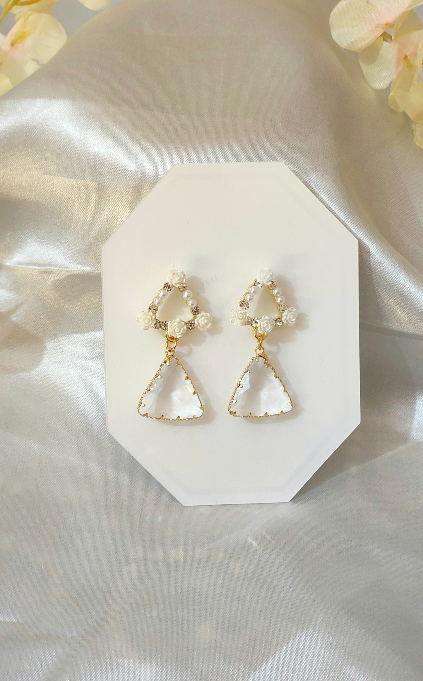 Anti-Tarnish Pearl Floral Triangle Drop Earrings