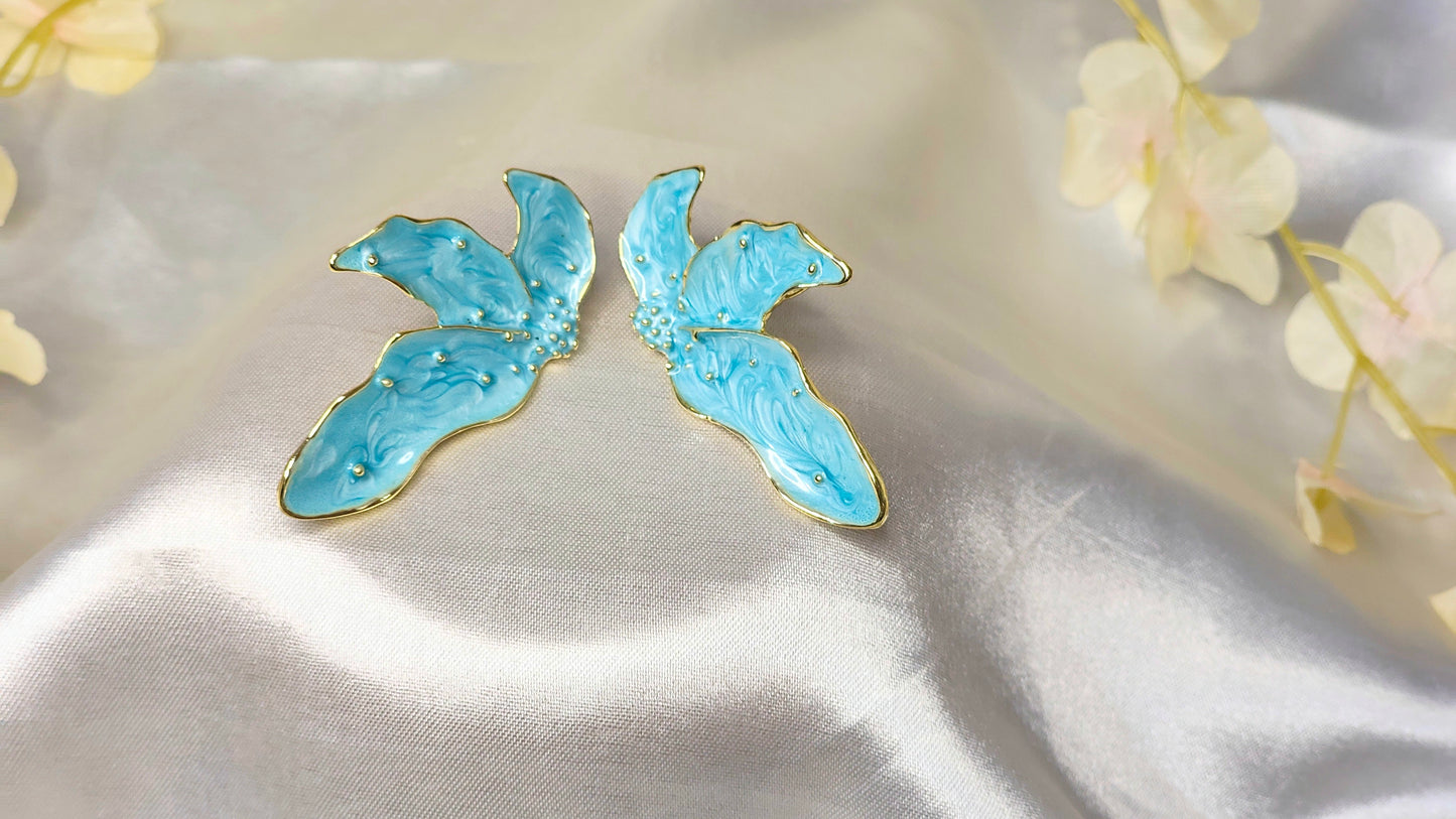 Anti-Tarnish Blue Enamel Floral Statement Earrings