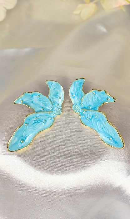 Anti-Tarnish Blue Enamel Floral Statement Earrings