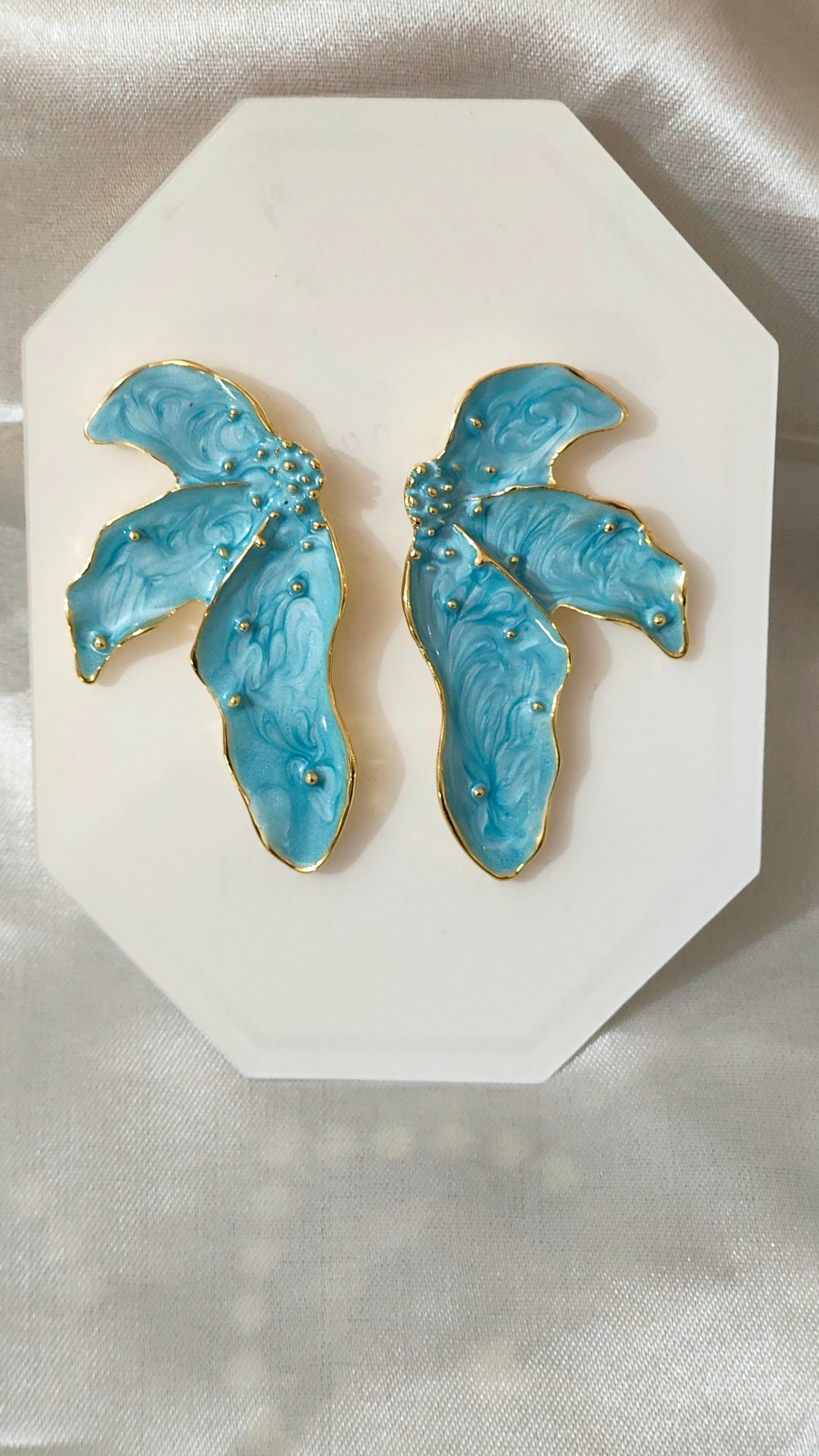 Anti-Tarnish Blue Enamel Floral Statement Earrings