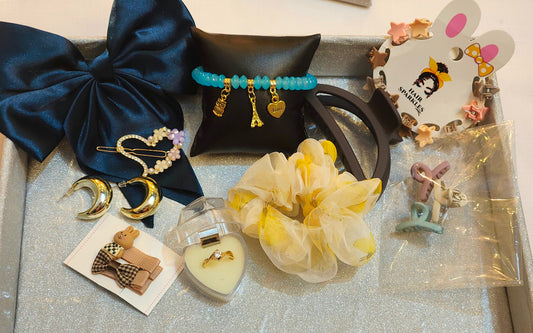 Turquoise Charm Bracelet, Gold Hoops Earings & Hair Accessories Combo Set (10 items)