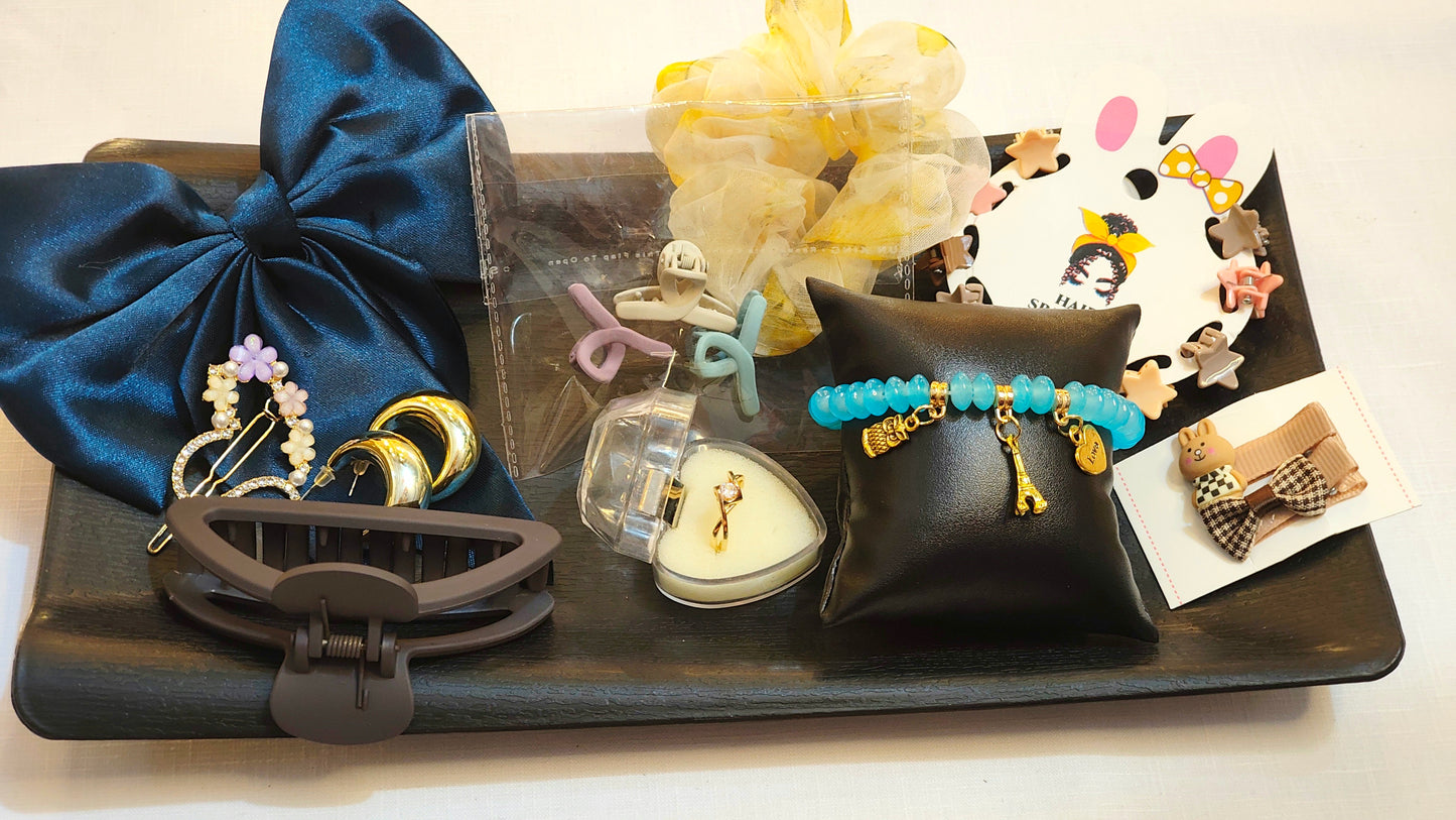 Turquoise Charm Bracelet, Gold Hoops Earings & Hair Accessories Combo Set (10 items)
